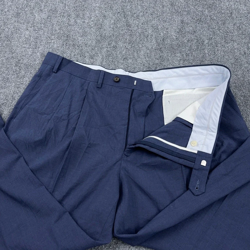 Ralph Lauren Dress Pants Mens 40x30 Blue Windowpane Plaid Pleated Cuffed Stretch